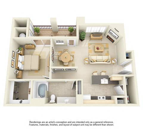 1 bed 1 bath Floor Plan 796